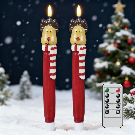 Christmas Flameless Taper Candles with Remote Timer, 2 Pcs Hand-Painted Reindeer Sculpture Shape LED Candlesticks with 3D Flickering Flame for Home Décor Christmas Gifts