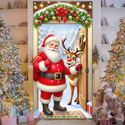 Festive Christmas Santa Claus Door Banner Decorative Polyester Holiday Door Cover with Christmas Tree and Dog, Perfect for Indoor and Outdoor Christmas Decorations 71 x 35in