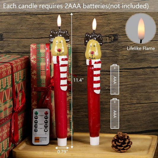 Christmas Flameless Taper Candles with Remote Timer, 2 Pcs Hand-Painted Reindeer Sculpture Shape LED Candlesticks with 3D Flickering Flame for Home Décor Christmas Gifts