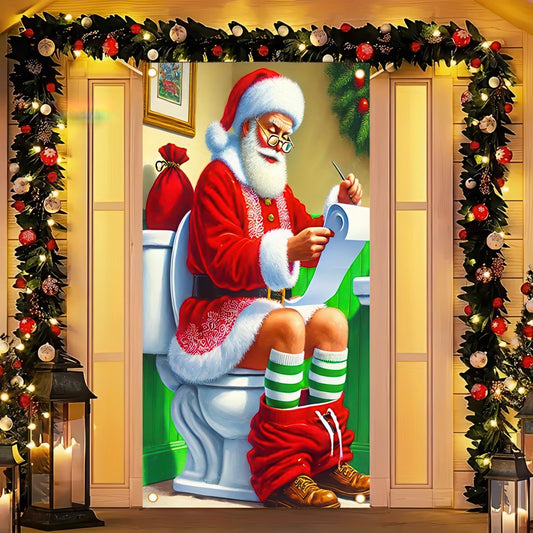 Festive Christmas Santa Claus Door Banner Decorative Polyester Holiday Door Cover with Christmas Tree and Dog, Perfect for Indoor and Outdoor Christmas Decorations 71 x 35in