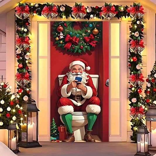 Santa Claus Door Frame Banner, Happy Christmas Door Banner Santa Porch Cover, Christmas Door Backdrop Decoration Banner (Style-3, 110 * 220cm)