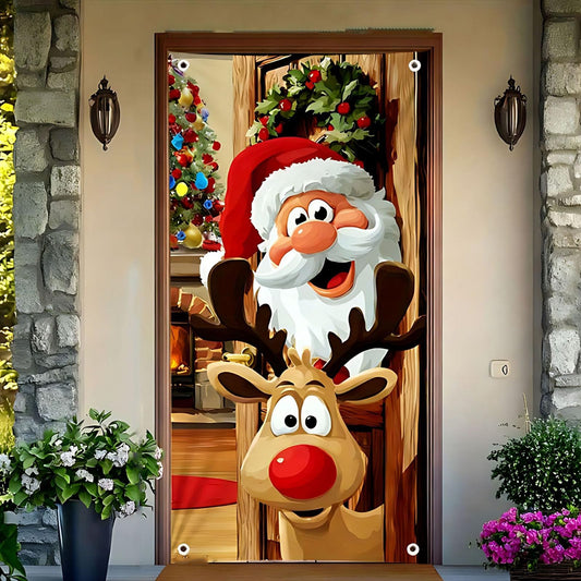 Santa Claus Door Frame Banner, Happy Christmas Door Banner Santa Porch Cover, Christmas Door Backdrop Decoration Banner (Style-3, 110 * 220cm)