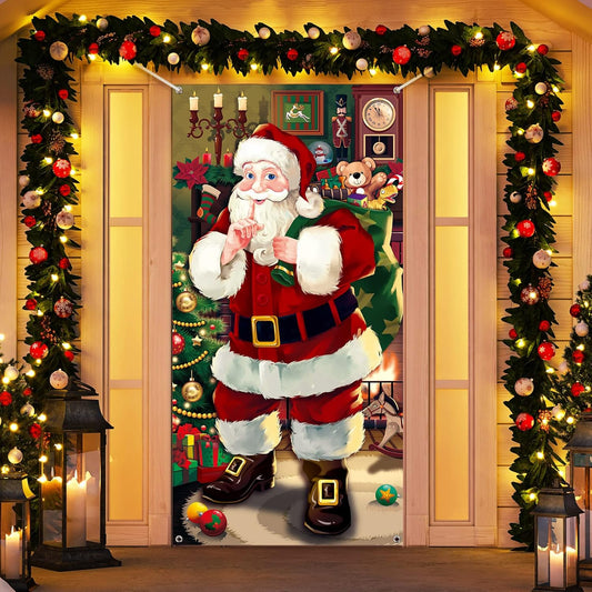 Christmas Door Cover Decoration Santa Claus Front Door Cover Xmas Hanging Banner Santa Background for Home Holiday Christmas Decoration